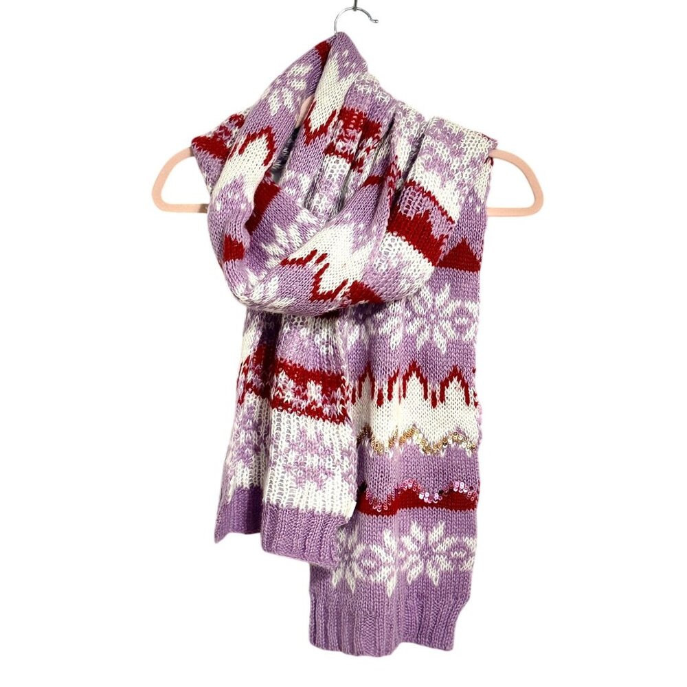 Fair Isle Knit Winter Scarf With Snowflake & Sequin Design - Red Purple & White